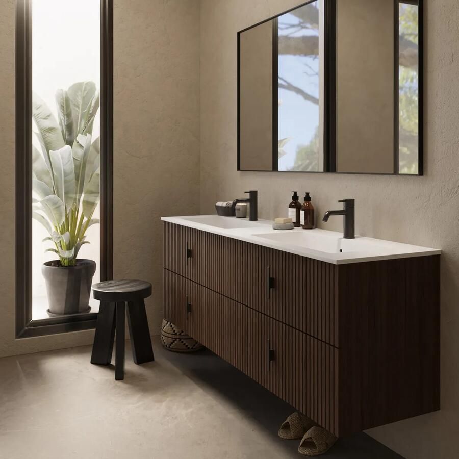 Muebles Avila badmeubel ribbelfront 160cm walnoot met dubbele wastafel met kraangaten