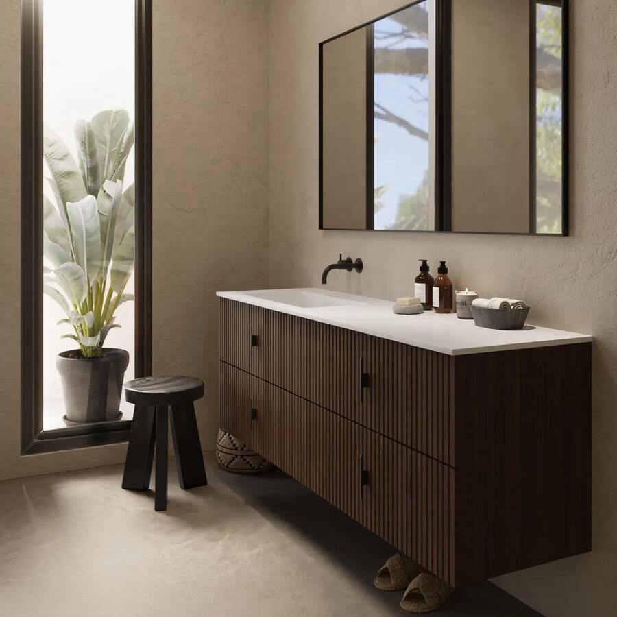 Muebles Avila badmeubel ribbelfront 160cm walnoot met wastafel links zonder kraangat