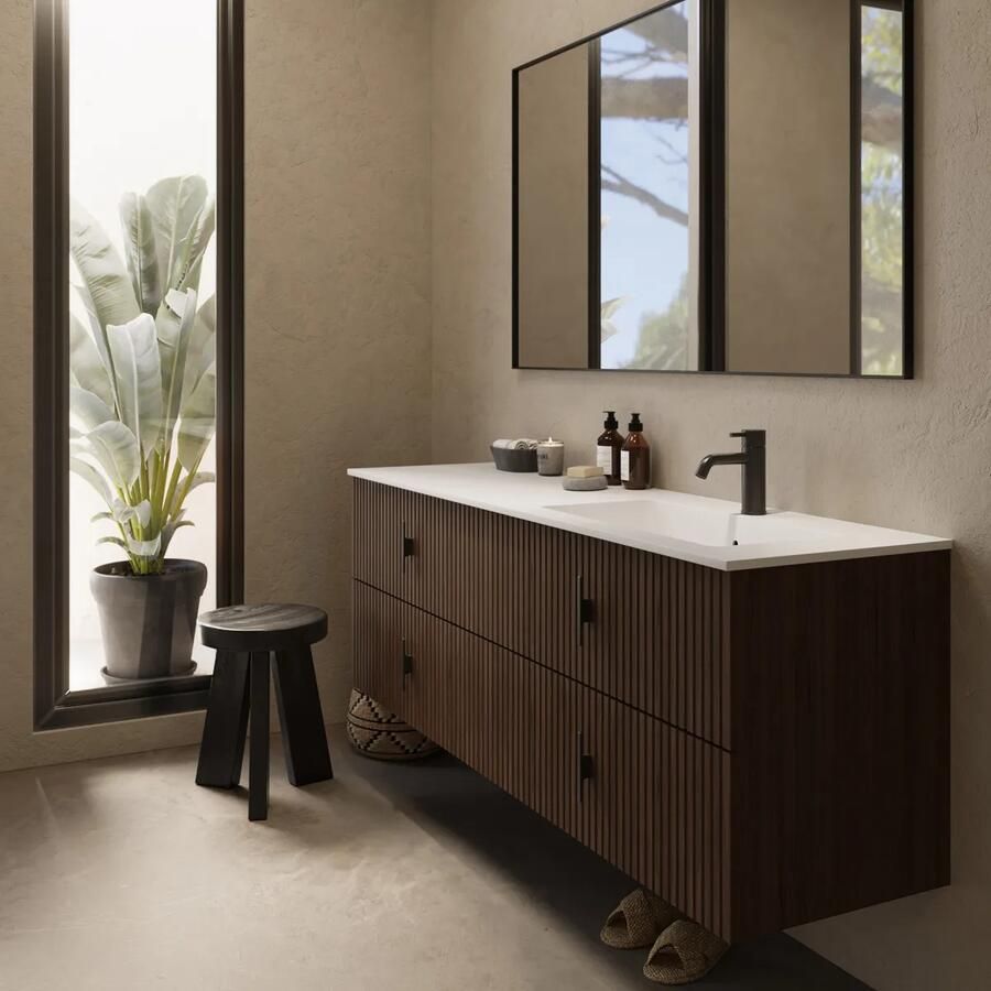 Muebles Avila badmeubel ribbelfront 160cm walnoot met wastafel rechts met kraangat