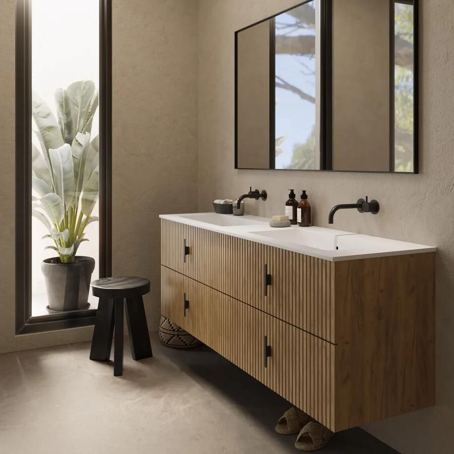 Muebles Avila badmeubel ribbelfront 160cm warm eiken met dubbele wastafel zonder kraangaten