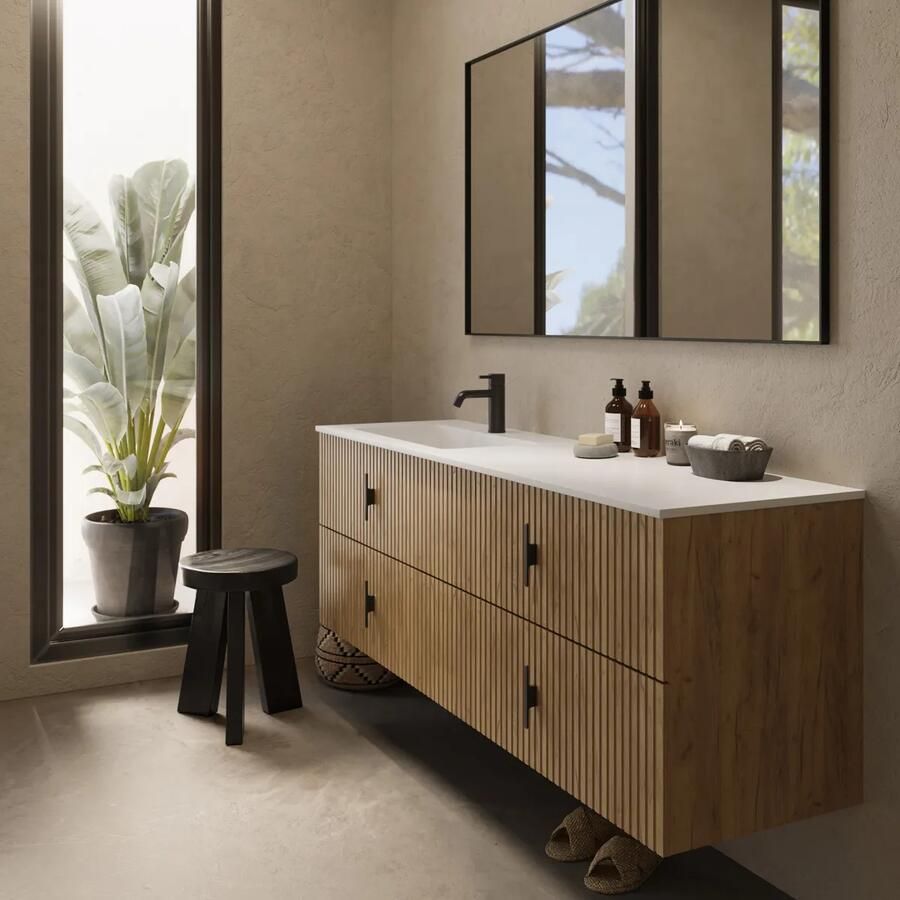 Muebles Avila badmeubel ribbelfront 160cm warm eiken met wastafel links met kraangat