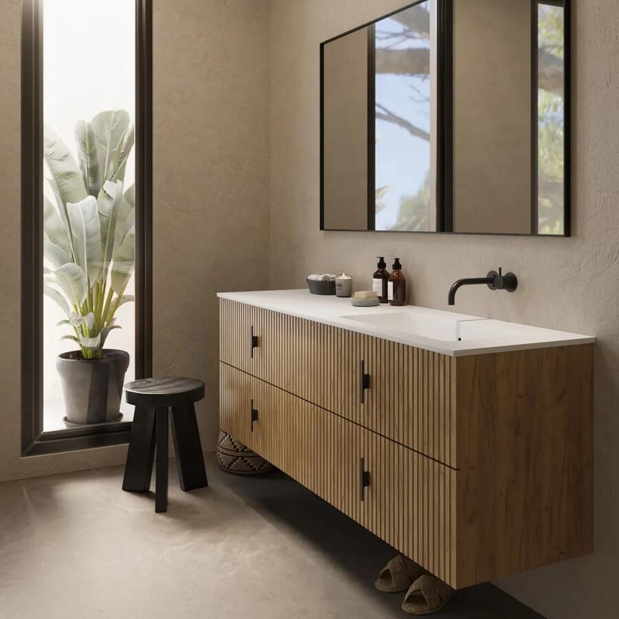 Muebles Avila badmeubel ribbelfront 160cm warm eiken met wastafel rechts zonder kraangat