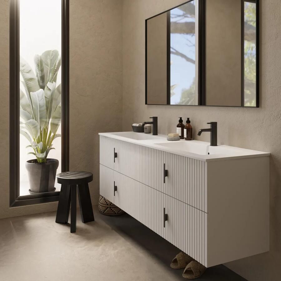 Muebles Avila badmeubel ribbelfront 160cm wit mat met dubbele wastafel met kraangaten