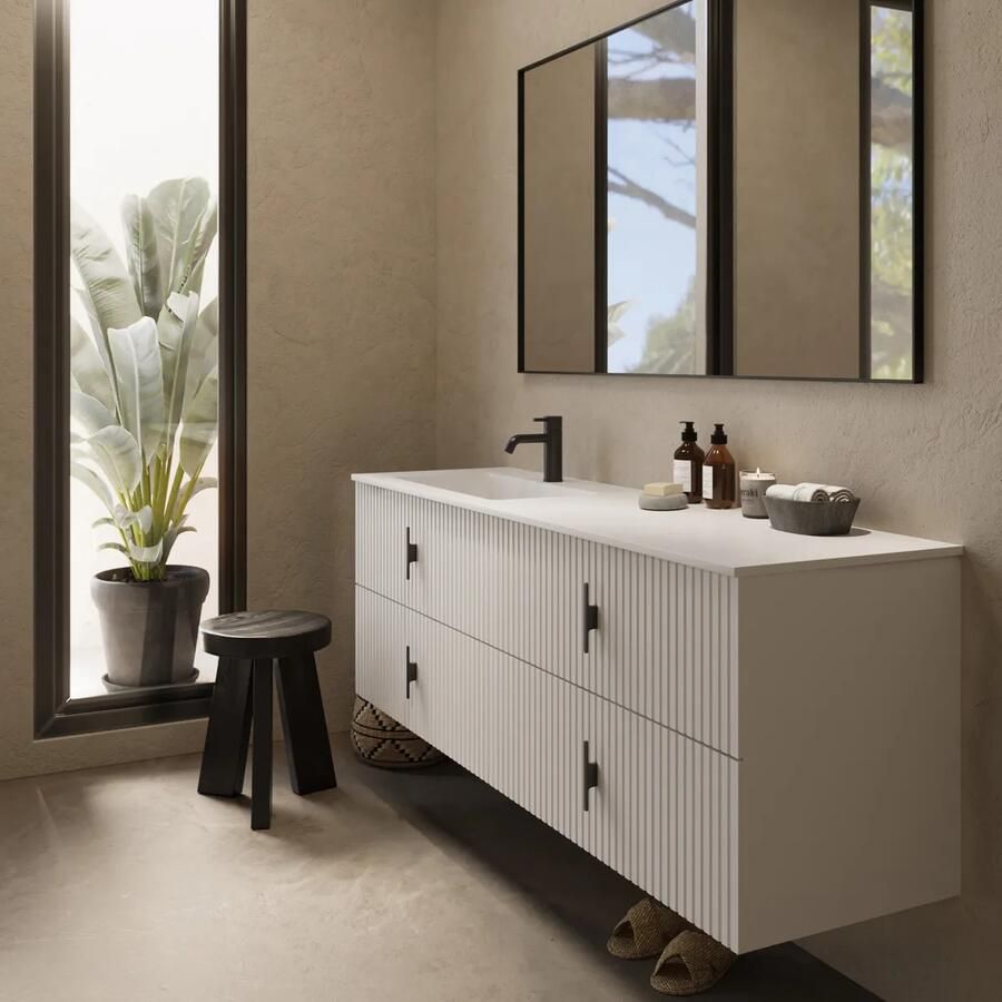 Muebles Avila badmeubel ribbelfront 160cm wit mat met wastafel links met kraangat