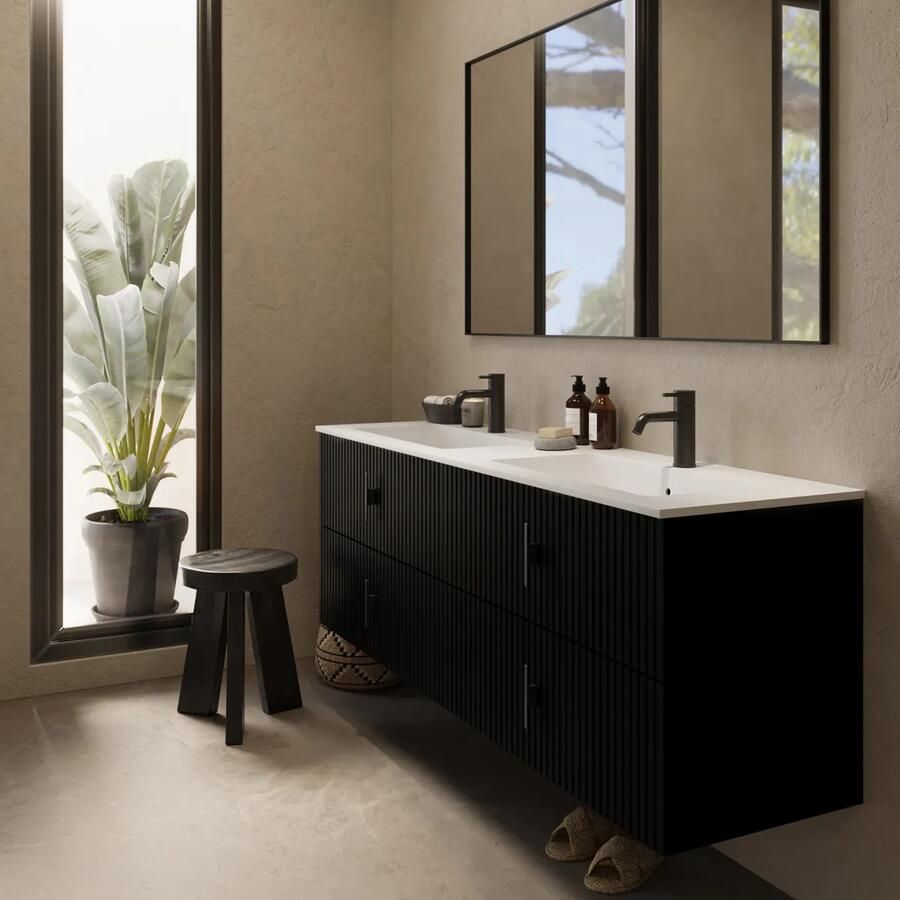 Muebles Avila badmeubel ribbelfront 160cm zwart mat met dubbele wastafel met kraangaten