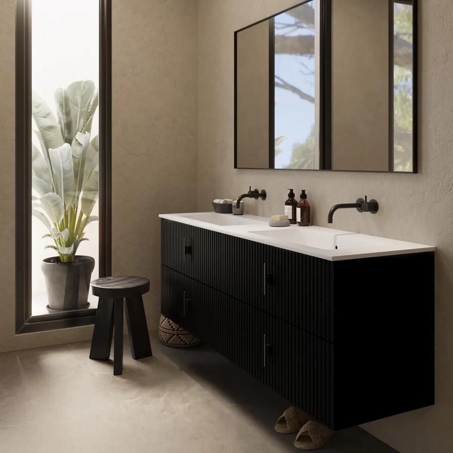 Muebles Avila badmeubel ribbelfront 160cm zwart mat met dubbele wastafel zonder kraangaten