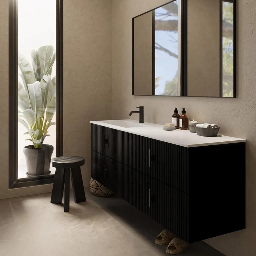 Muebles Avila badmeubel ribbelfront 160cm zwart mat met wastafel links met kraangat