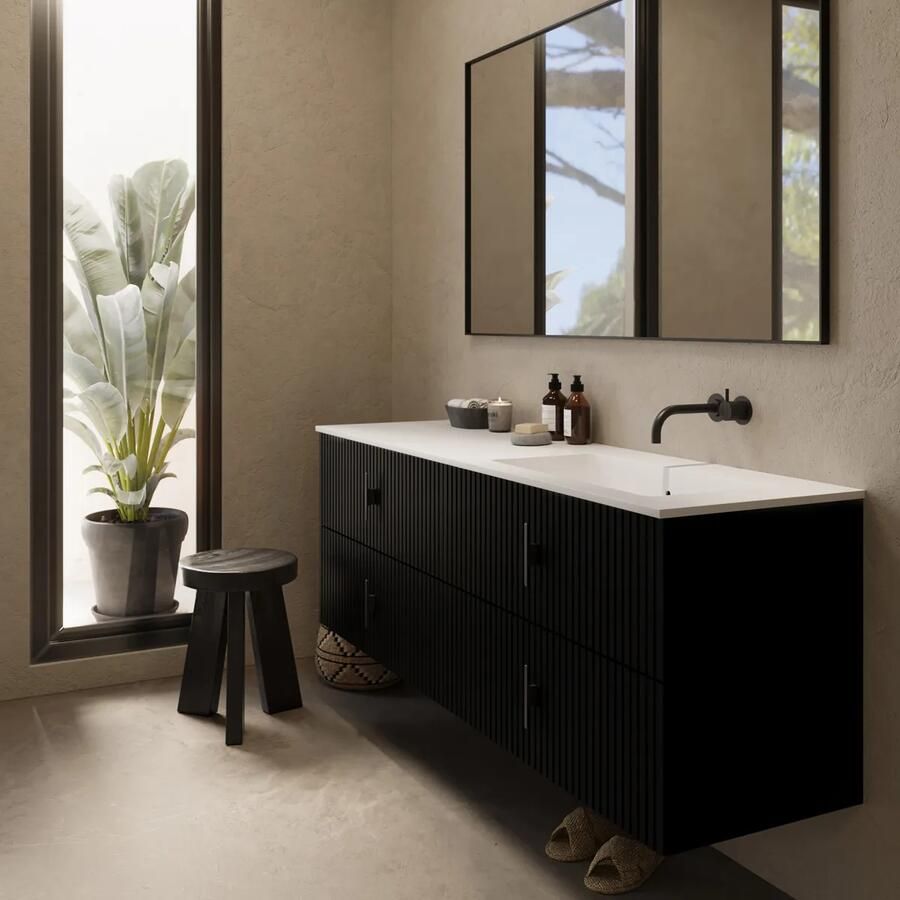 Muebles Avila badmeubel ribbelfront 160cm zwart mat met wastafel rechts zonder kraangat