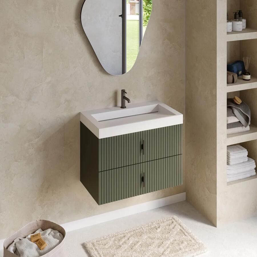 Muebles Estella badmeubel ribbelfront 80cm legergroen met solid surface wastafel met kraangat