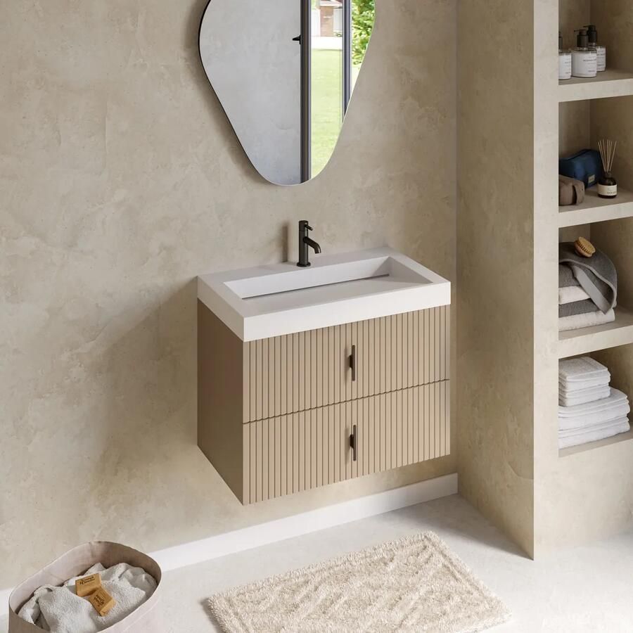 Muebles Estella badmeubel ribbelfront 80cm macchiato met solid surface wastafel met kraangat