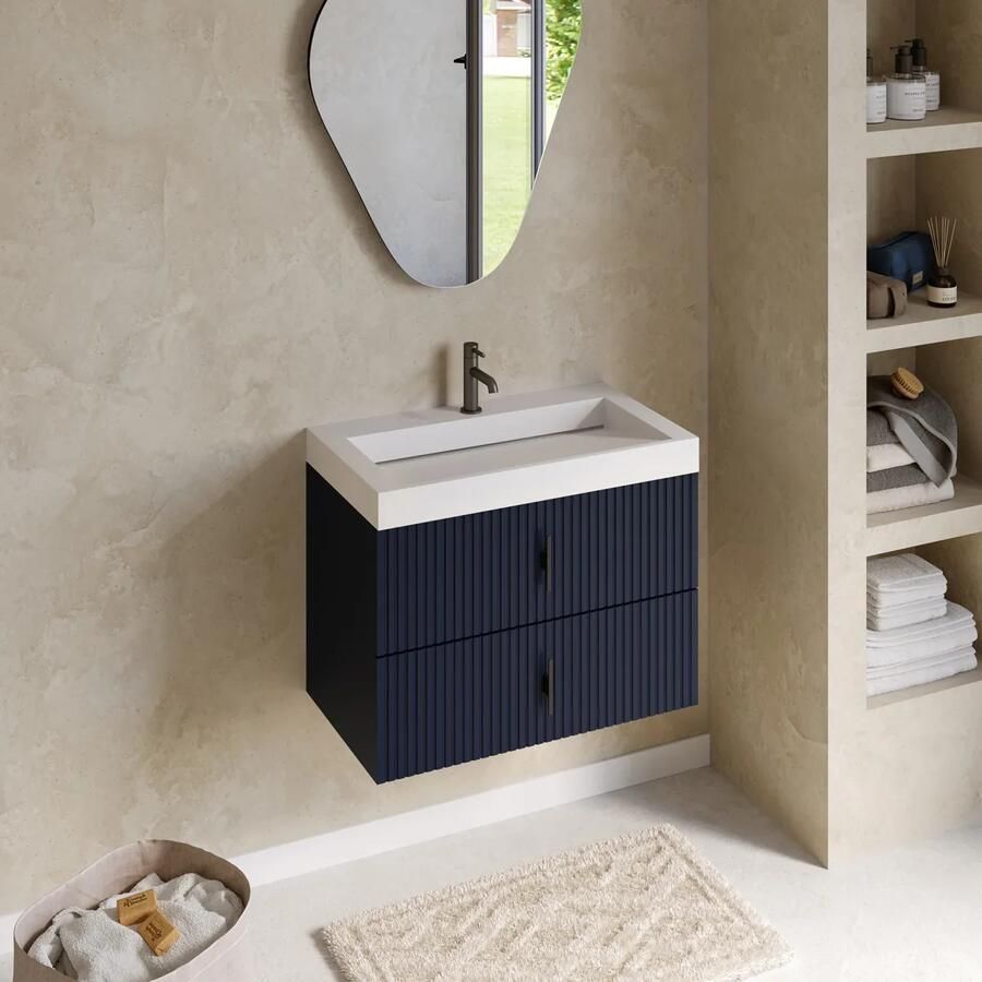 Muebles Estella badmeubel ribbelfront 80cm marine blauw met solid surface wastafel met kraangat