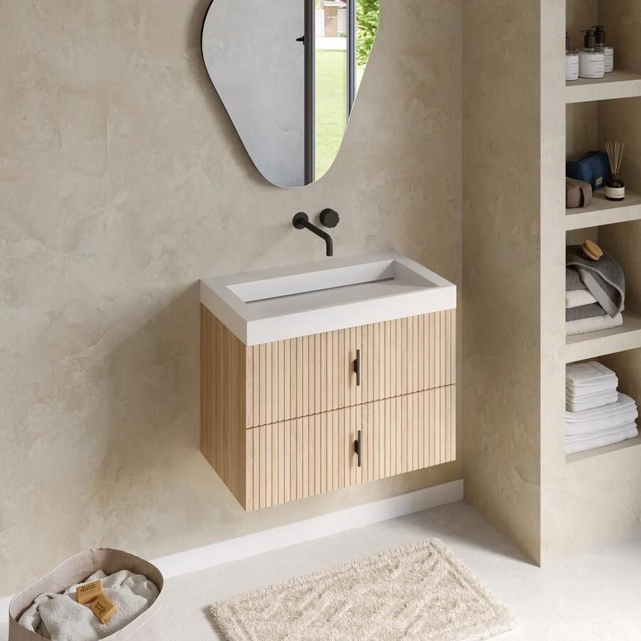 Muebles Estella badmeubel ribbelfront 80cm naturel eiken met solid surface wastafel zonder kraangat