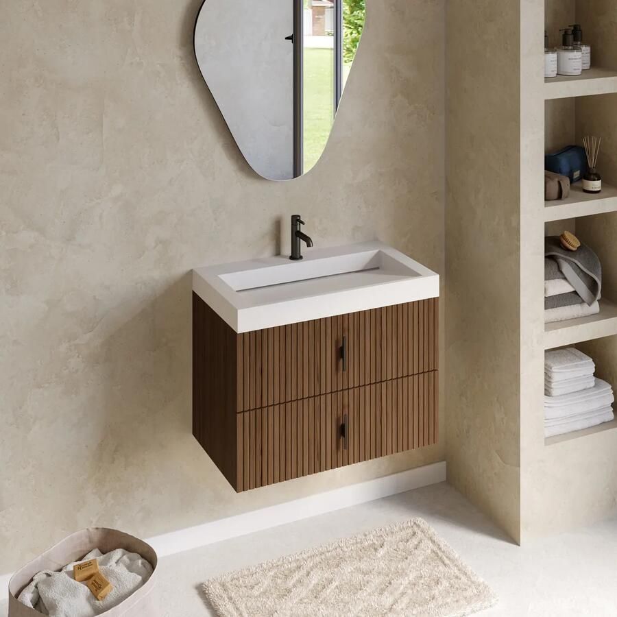 Muebles Estella badmeubel ribbelfront 80cm walnoot met solid surface wastafel met kraangat