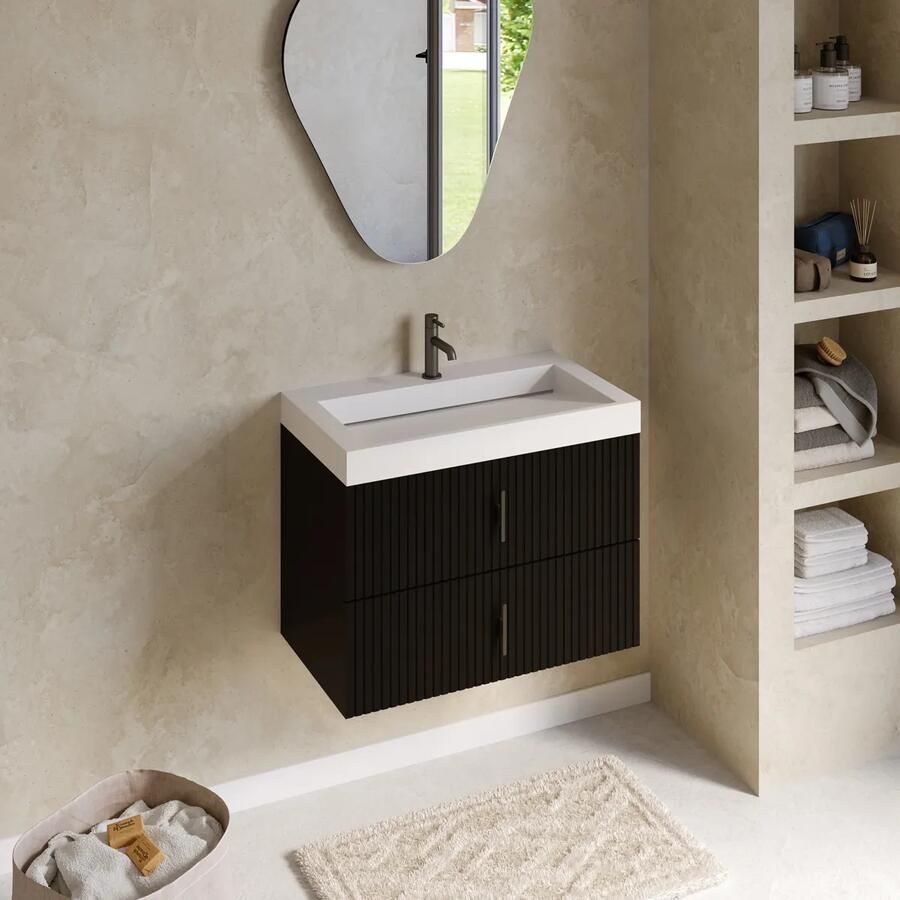 Muebles Estella badmeubel ribbelfront 80cm zwart mat met solid surface wastafel met kraangat