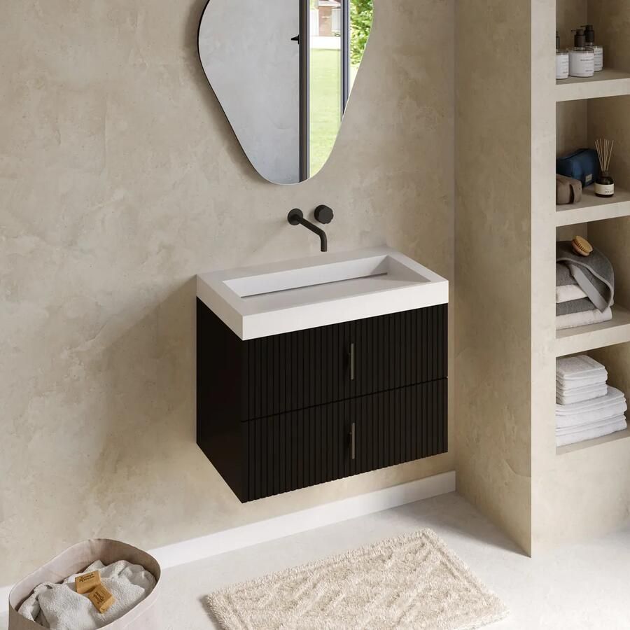 Muebles Estella badmeubel ribbelfront 80cm zwart mat met solid surface wastafel zonder kraangat