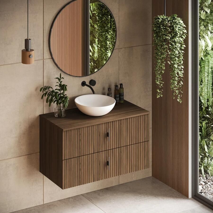 Muebles Mairi badmeubel ribbelfront 100cm walnoot met witte waskom