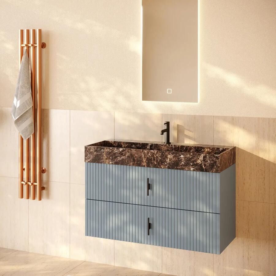 Muebles Murcia badmeubel ribbelfront 100cm baby blauw met Dark Emperador wastafel met kraangat
