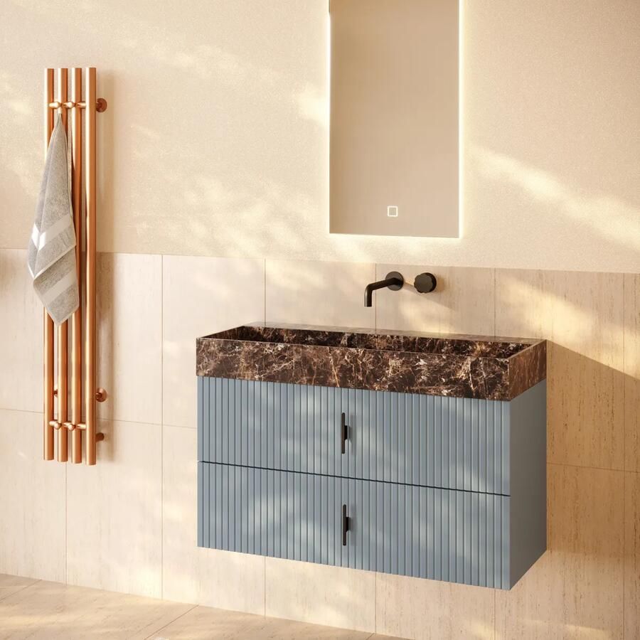 Muebles Murcia badmeubel ribbelfront 100cm baby blauw met Dark Emperador wastafel zonder kraangat