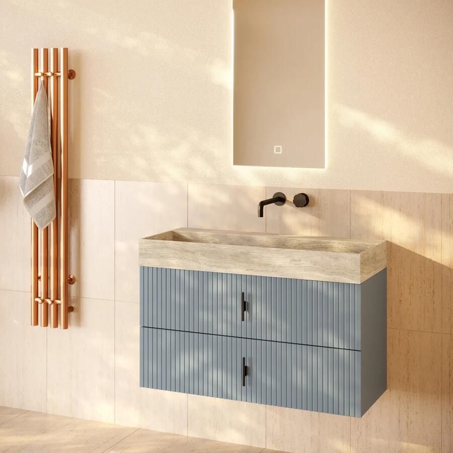 Muebles Murcia badmeubel ribbelfront 100cm baby blauw met White Travertin wastafel zonder kraangat