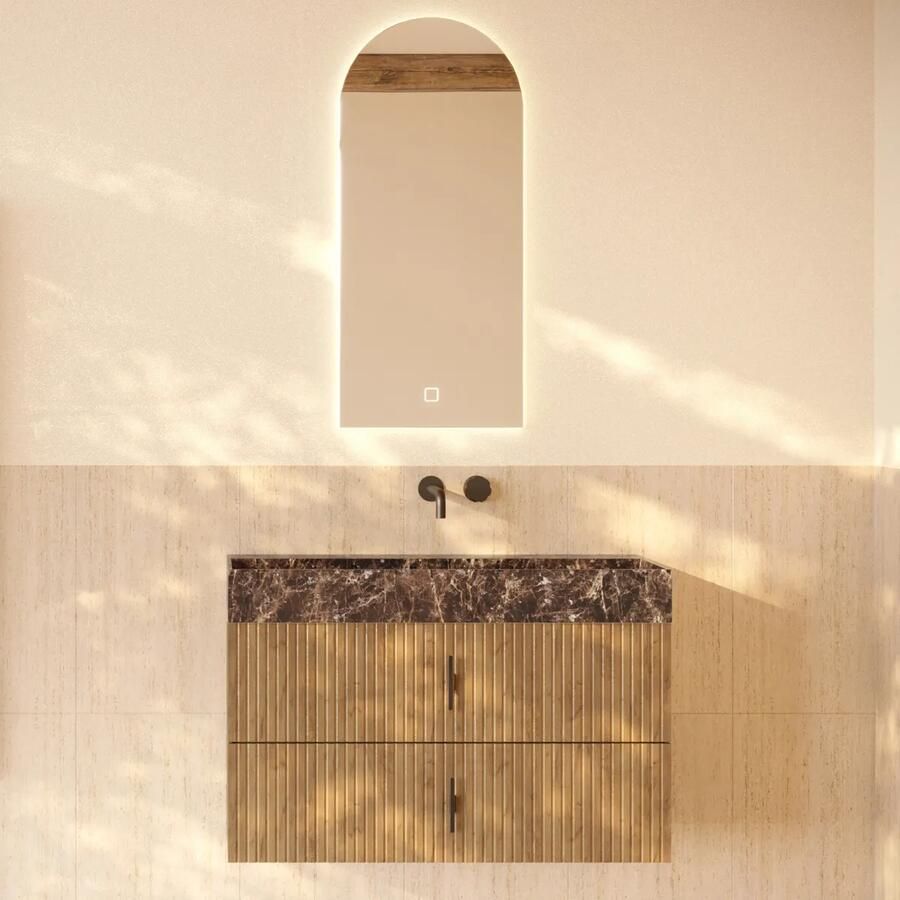 Muebles Murcia badmeubel ribbelfront 100cm eiken met Dark Emperador wastafel zonder kraangat