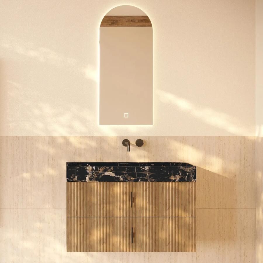 Muebles Murcia badmeubel ribbelfront 100cm eiken met Portoro Gold wastafel zonder kraangat