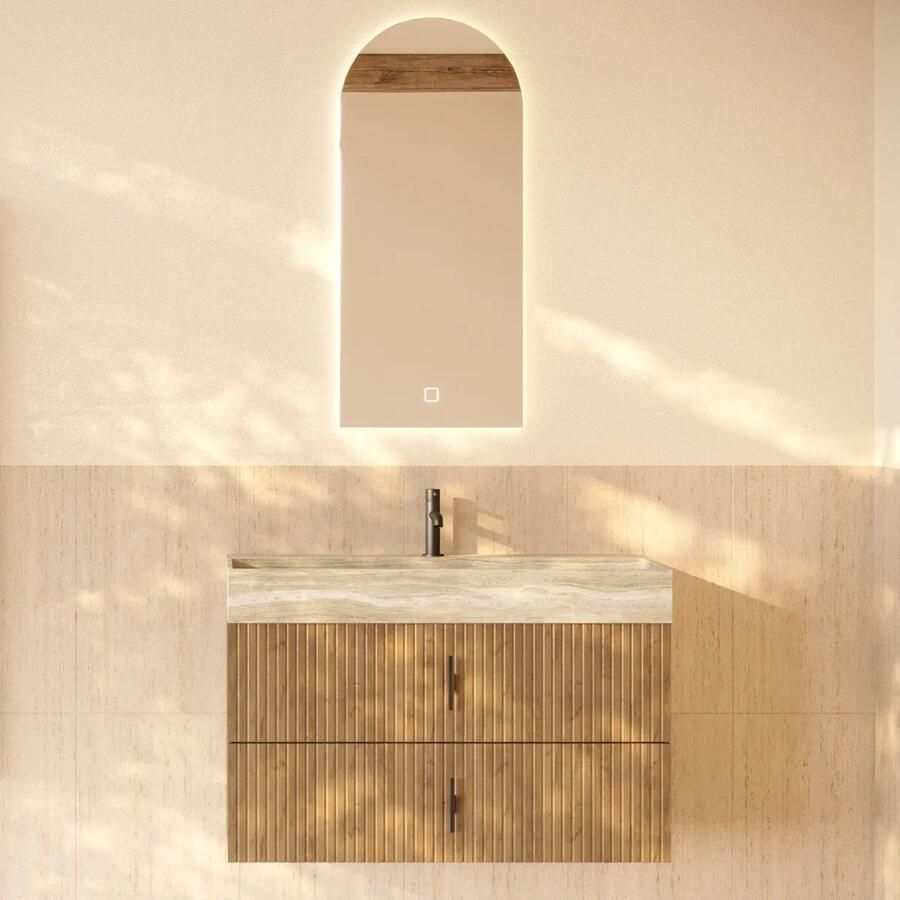 Muebles Murcia badmeubel ribbelfront 100cm eiken met White Travertin wastafel met kraangat