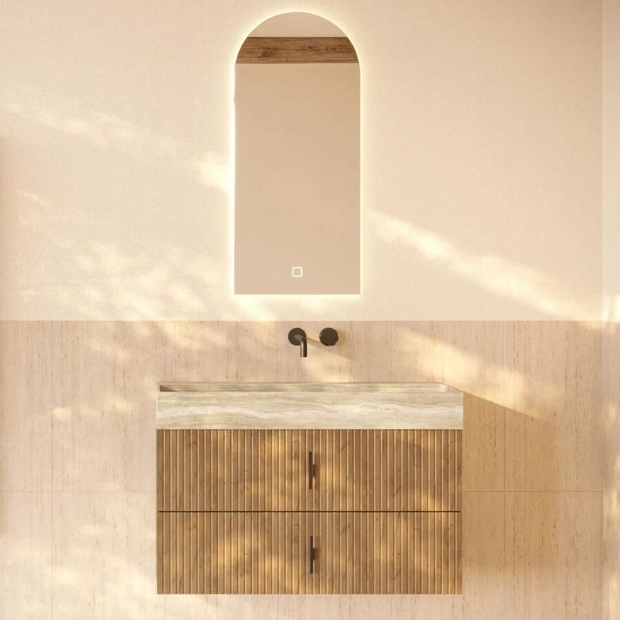 Muebles Murcia badmeubel ribbelfront 100cm eiken met White Travertin wastafel zonder kraangat