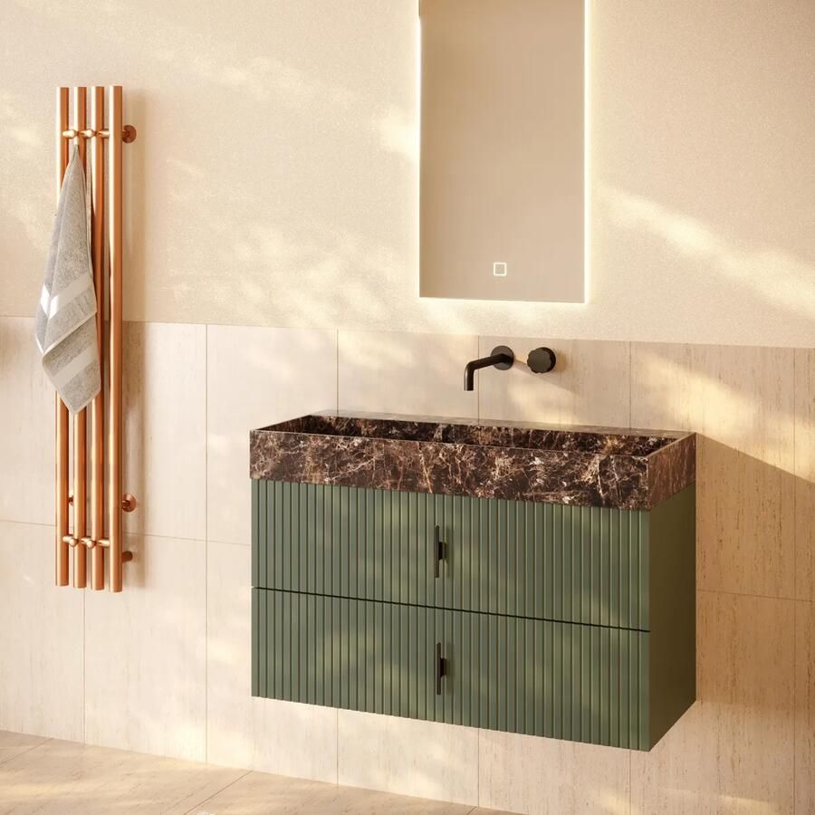 Muebles Murcia badmeubel ribbelfront 100cm legergroen met Dark Emperador wastafel zonder kraangat