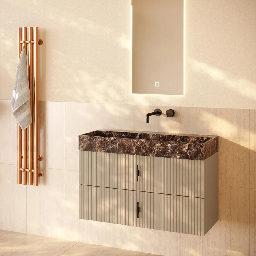 Muebles Murcia badmeubel ribbelfront 100cm macchiato met Dark Emperador wastafel zonder kraangat