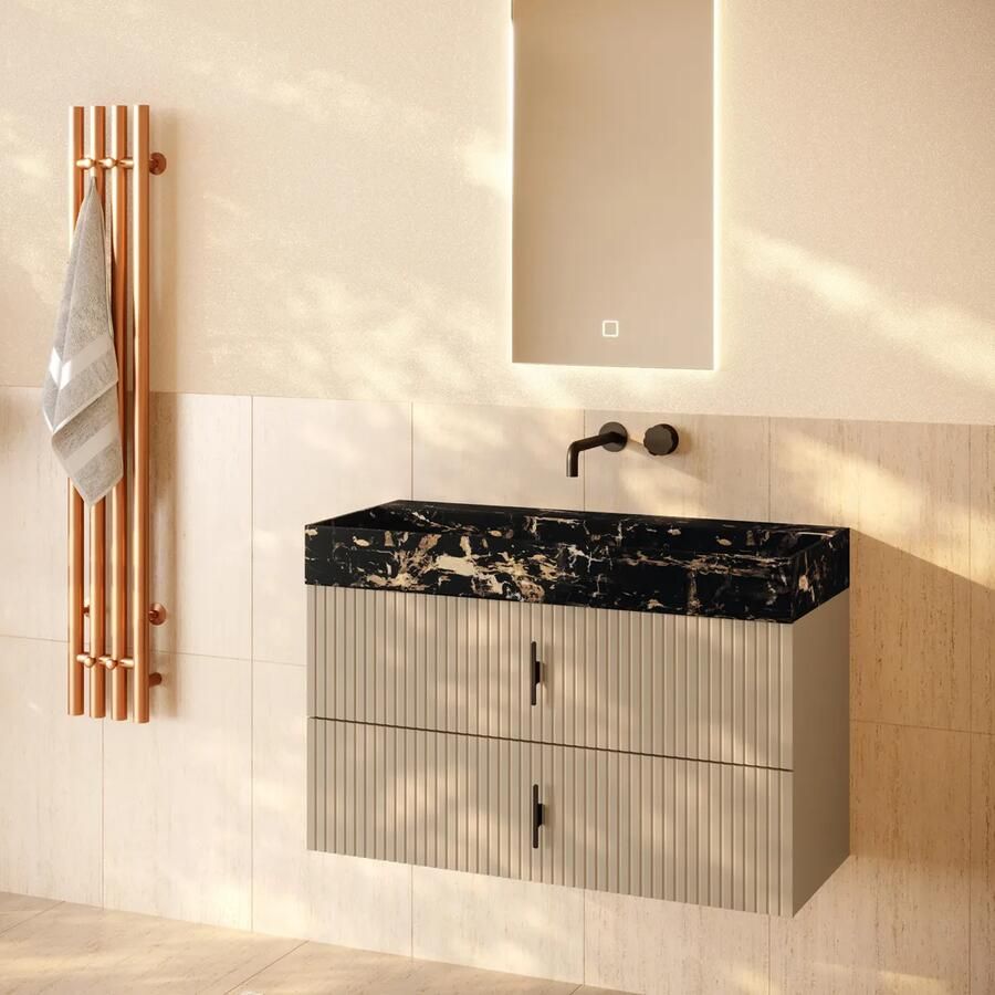 Muebles Murcia badmeubel ribbelfront 100cm macchiato met Portoro Gold wastafel zonder kraangat