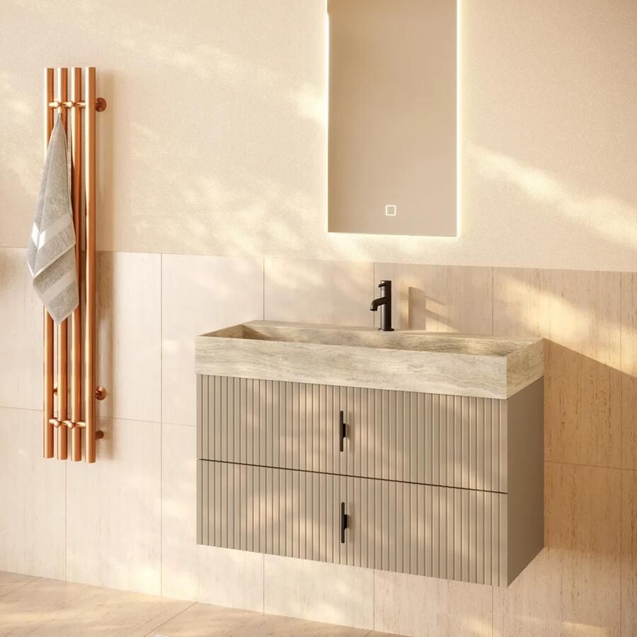 Muebles Murcia badmeubel ribbelfront 100cm macchiato met White Travertin wastafel met kraangat