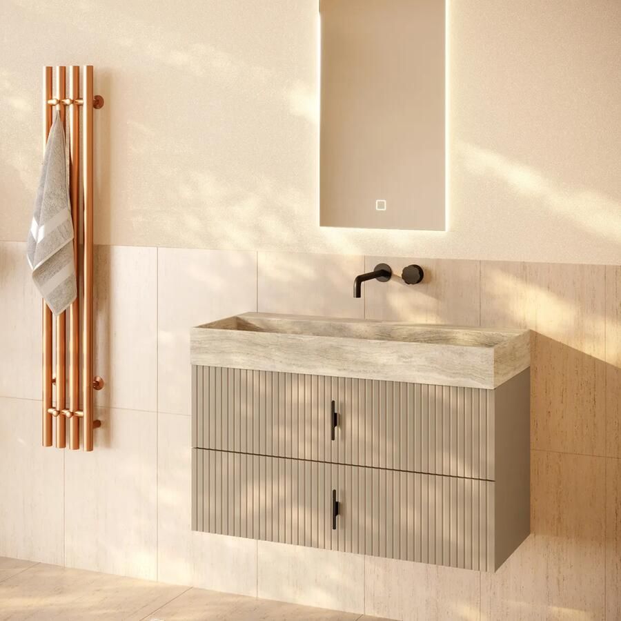 Muebles Murcia badmeubel ribbelfront 100cm macchiato met White Travertin wastafel zonder kraangat