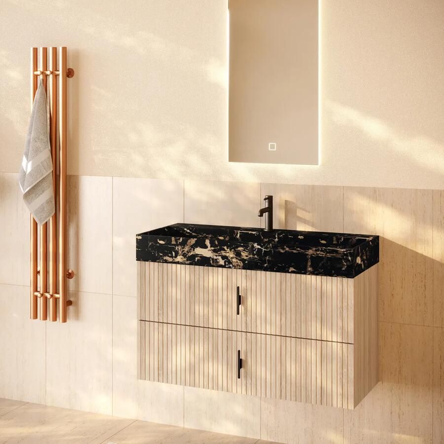 Muebles Murcia badmeubel ribbelfront 100cm naturel eiken met Portoro Gold wastafel met kraangat