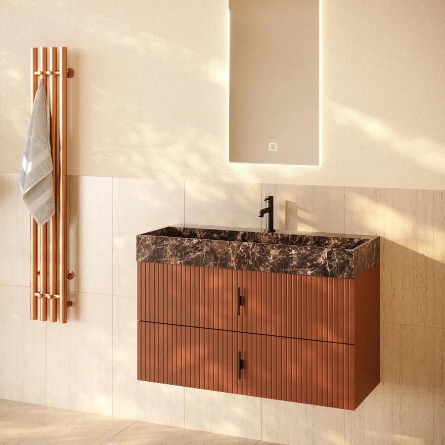 Muebles Murcia badmeubel ribbelfront 100cm terracotta met Dark Emperador wastafel met kraangat