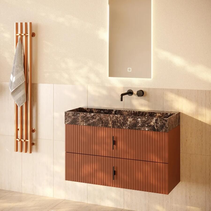 Muebles Murcia badmeubel ribbelfront 100cm terracotta met Dark Emperador wastafel zonder kraangat