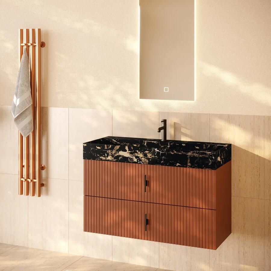 Muebles Murcia badmeubel ribbelfront 100cm terracotta met Portoro Gold wastafel met kraangat