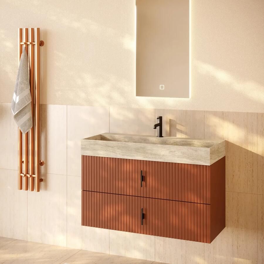 Muebles Murcia badmeubel ribbelfront 100cm terracotta met White Travertin wastafel met kraangat