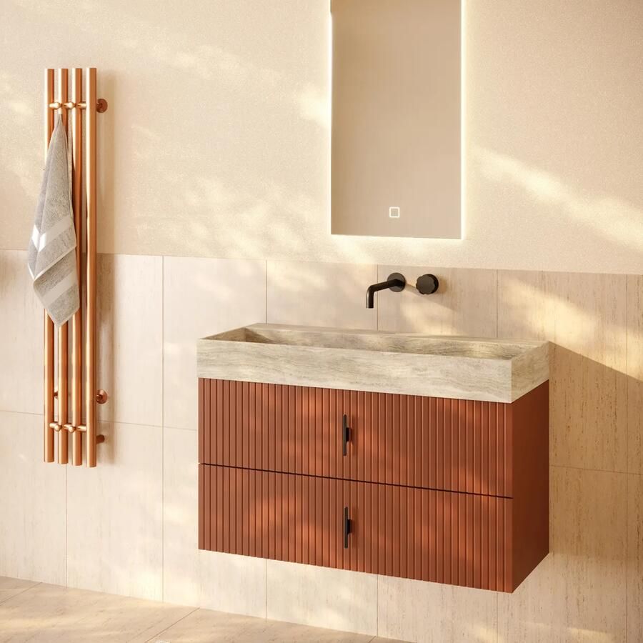 Muebles Murcia badmeubel ribbelfront 100cm terracotta met White Travertin wastafel zonder kraangat