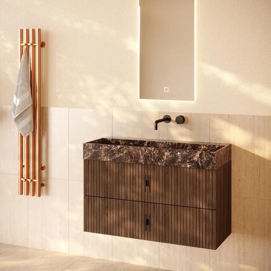 Muebles Murcia badmeubel ribbelfront 100cm walnoot met Dark Emperador wastafel zonder kraangat