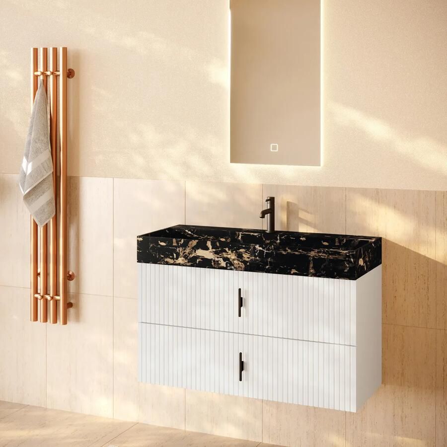 Muebles Murcia badmeubel ribbelfront 100cm wit mat met Portoro Gold wastafel met kraangat