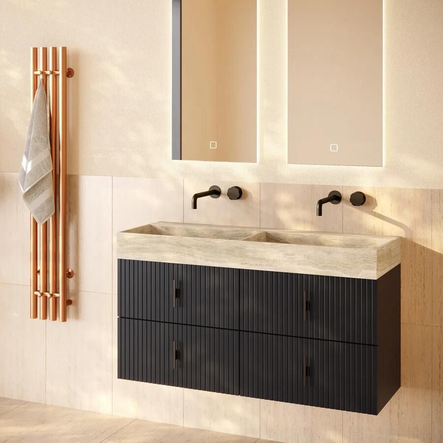 Muebles Murcia badmeubel ribbelfront 120cm antraciet met White Travertin wastafel zonder kraangaten