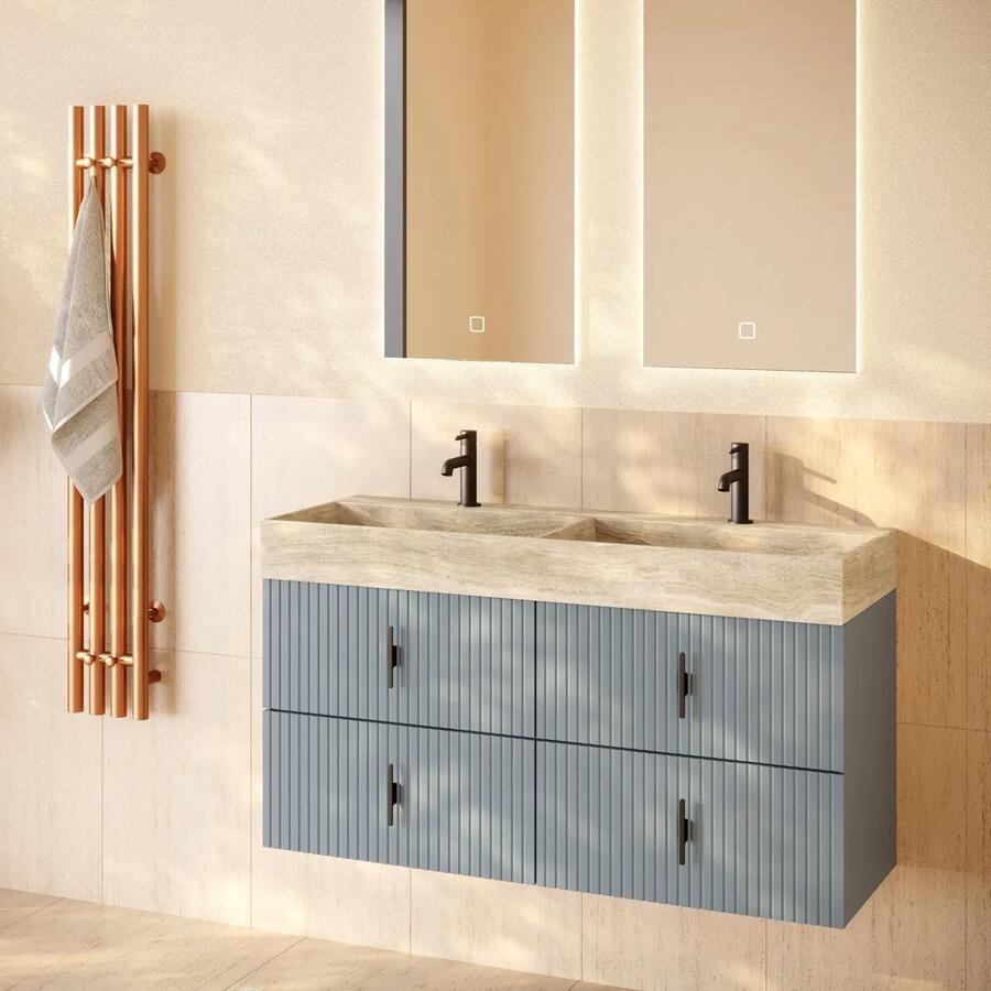 Muebles Murcia badmeubel ribbelfront 120cm baby blauw met White Travertin wastafel met kraangaten