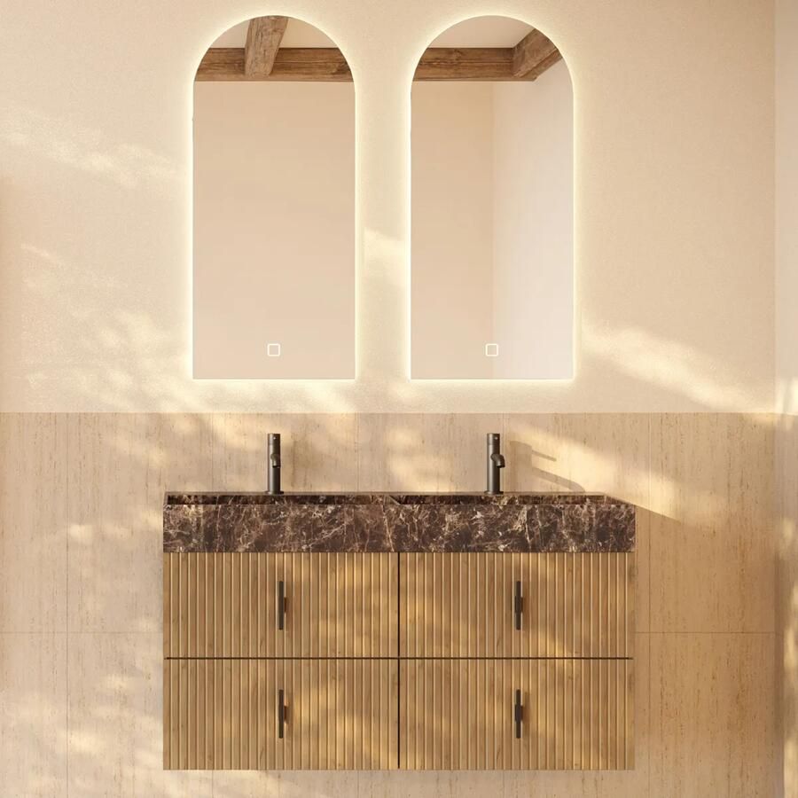 Muebles Murcia badmeubel ribbelfront 120cm eiken met Dark Emperador wastafel met kraangaten