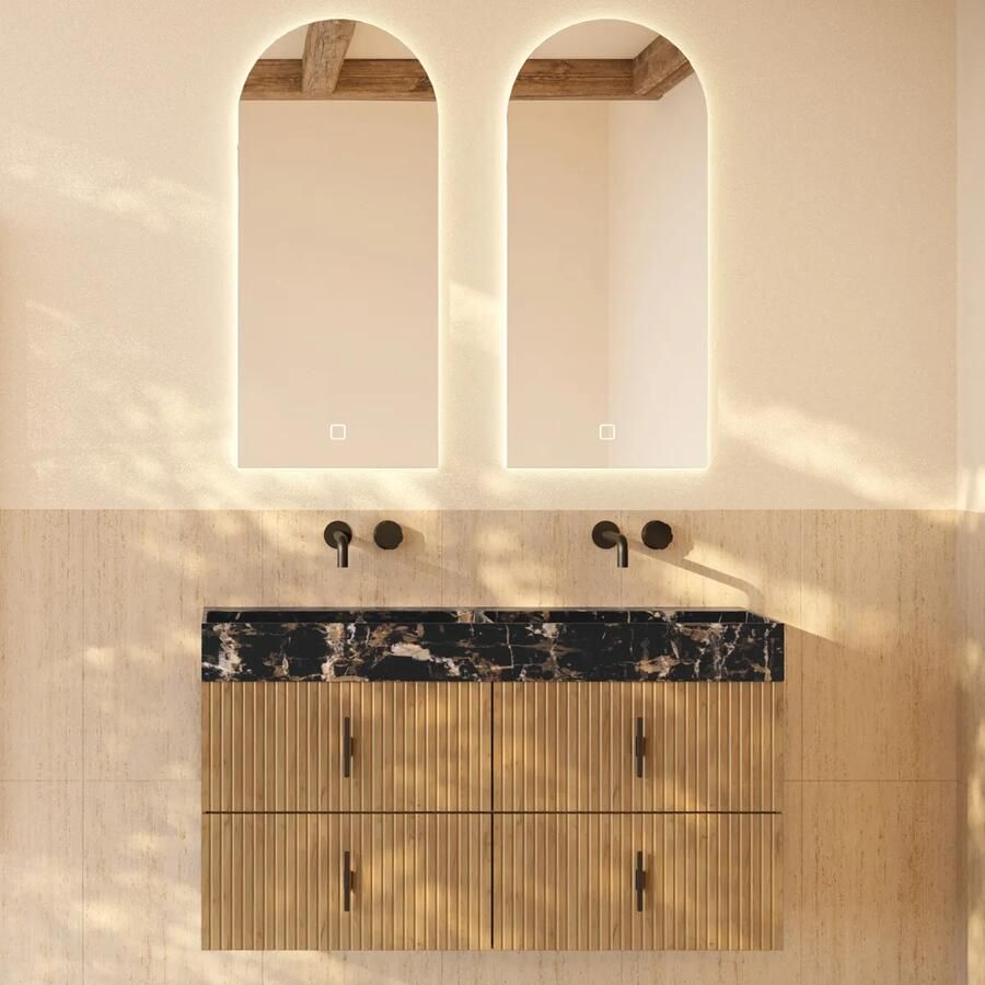 Muebles Murcia badmeubel ribbelfront 120cm eiken met Portoro Gold wastafel zonder kraangaten