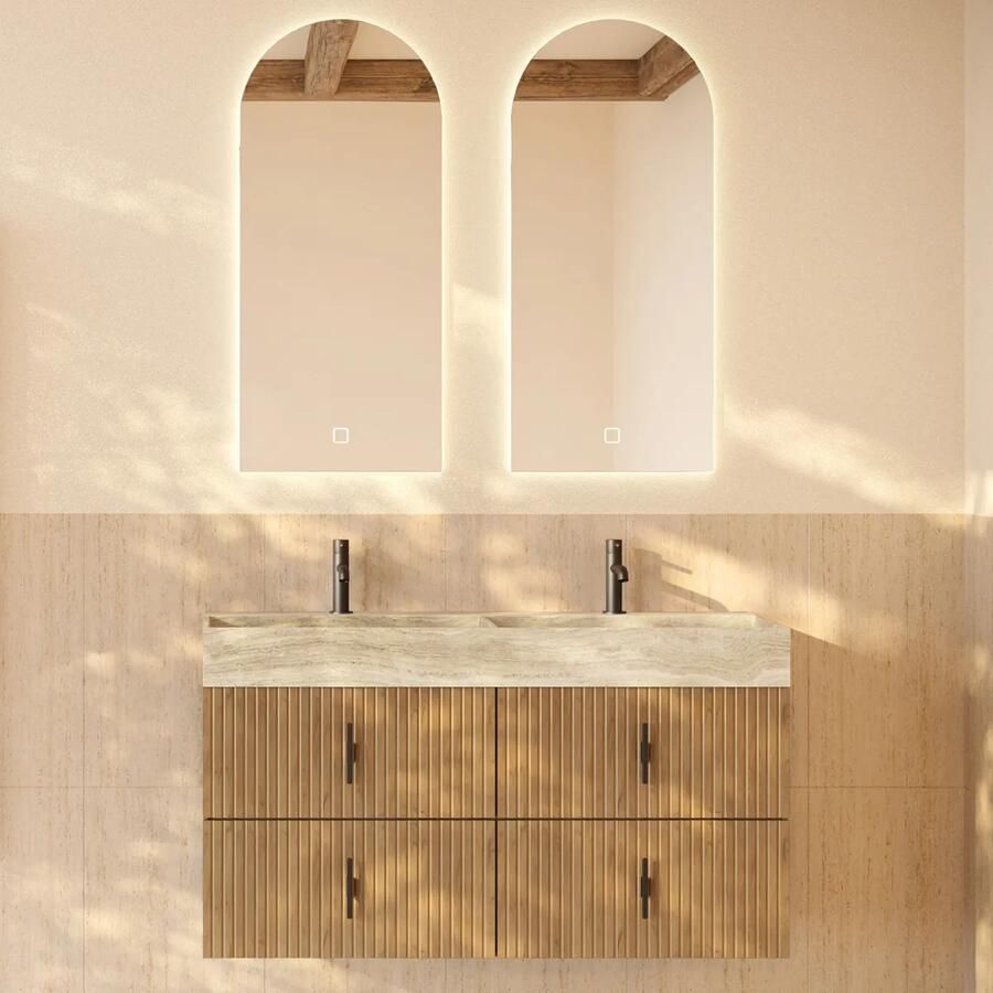 Muebles Murcia badmeubel ribbelfront 120cm eiken met White Travertin wastafel met kraangaten