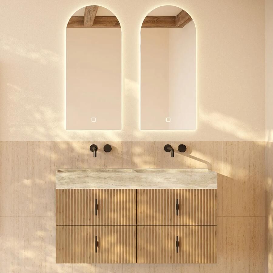 Muebles Murcia badmeubel ribbelfront 120cm eiken met White Travertin wastafel zonder kraangaten