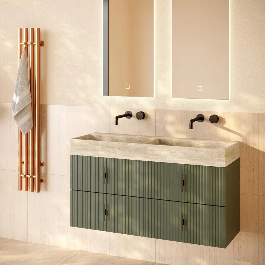 Muebles Murcia badmeubel ribbelfront 120cm legergroen met White Travertin wastafel zonder kraangaten