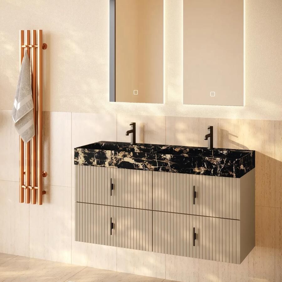 Muebles Murcia badmeubel ribbelfront 120cm macchiato met Portoro Gold wastafel met kraangaten