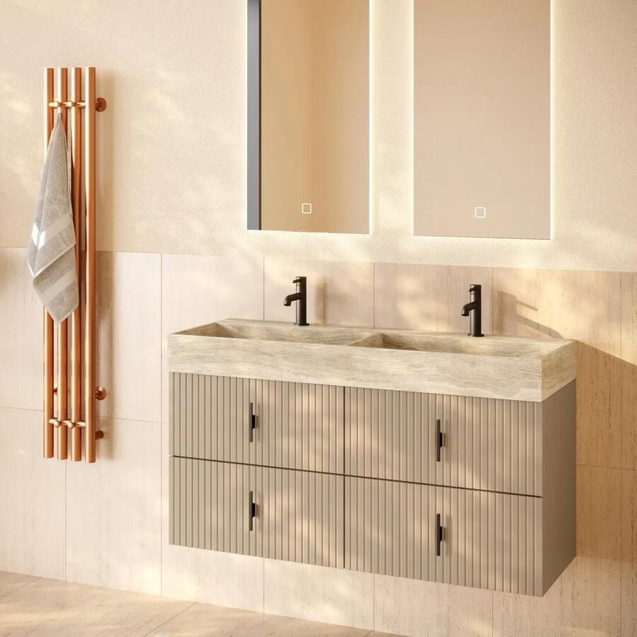 Muebles Murcia badmeubel ribbelfront 120cm macchiato met White Travertin wastafel met kraangaten