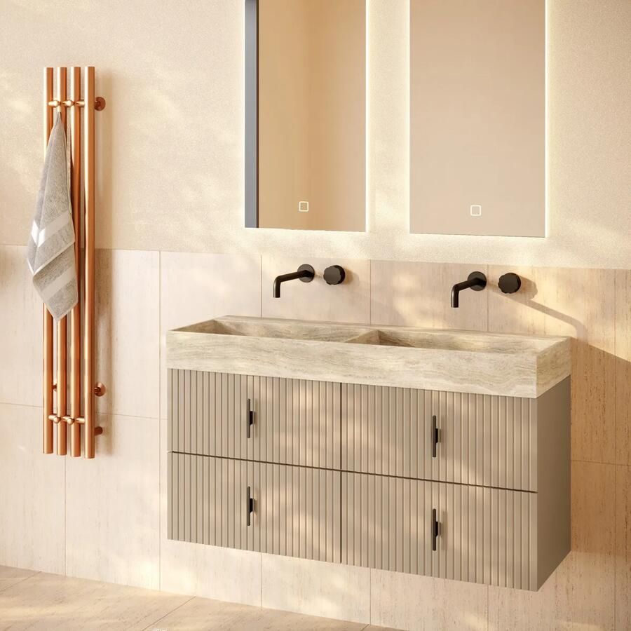 Muebles Murcia badmeubel ribbelfront 120cm macchiato met White Travertin wastafel zonder kraangaten